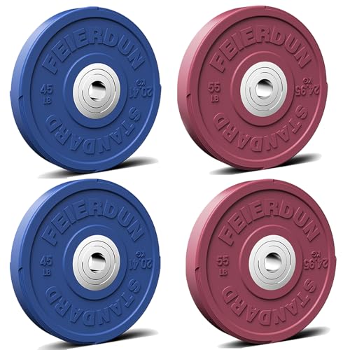 FEIERDUN Color Bumper Plate Set, 2-Inch Olympic Weight Plates, Low Bounce Rubber Barbell Plates with Stainless Steel Insert for Weightlifting, Strength Training, CrossFit & Home Gym, 10LB-370LB - style: F1) 200LBS SET