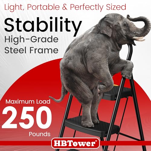HBtower Step Ladder Sturdy, Heavy Duty Step Stool for Adults | Wide Anti-Slip Pedal Step Ladder Folding Step Stool for Home and Kitchen, Garage, Outdoor - size: 3 step ladder
