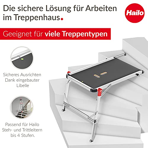 Hailo TP1 Work platform for staircases Non-slip textured coated board Length and height-adjustable telescopic rails and feet Integrated spirit level Two-hand safety unlocking mechanism 9940-101 Silver - style: Old Version