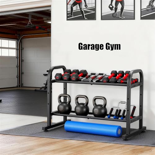 facka 2-Tier Dumbbell Rack Stand Only, Weight Rack for Home Gym | 360 Lbs Capacity, For Hex Dumbbells and Kettlebells, 3-Level Width, Adjustable Height, Non-Slip Feet