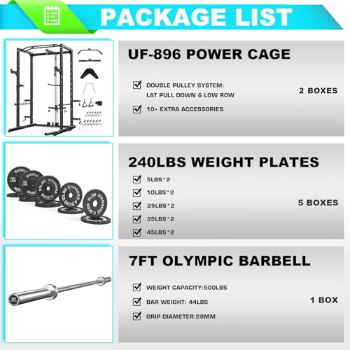 ULTRA FUEGO Power Cage, Multi-Functional Power Rack with J-Hooks, Dip Handles, Landmine Attachment and Optional Cable Pulley System for Home Gym - size: 240LB Weights Package,black