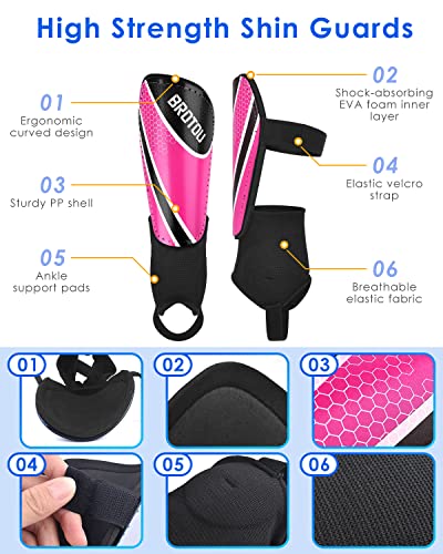 BROTOU Shin Guards Soccer Youth, Soccer Shin Guards for Kids 3-15 | Light Weight Adjustable Straps Shin Pads Protection Equipment with Ankle and Leg Calf Protection - color: PINK, size: Medium