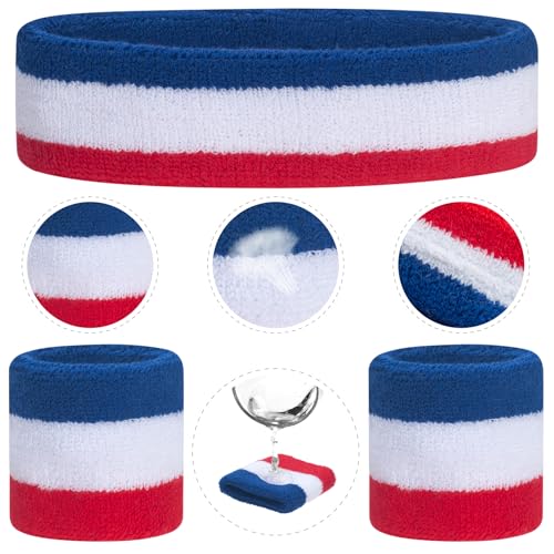 ONUPGO 5 Pieces Kids Sweatbands Soccer Socks Set - Sports Headband, Wristbands, Striped High Socks for Kids, Youth,Toddler & Baby - Football, Basketball, Running, Cycling, Tennis - color: Red/White/Blue