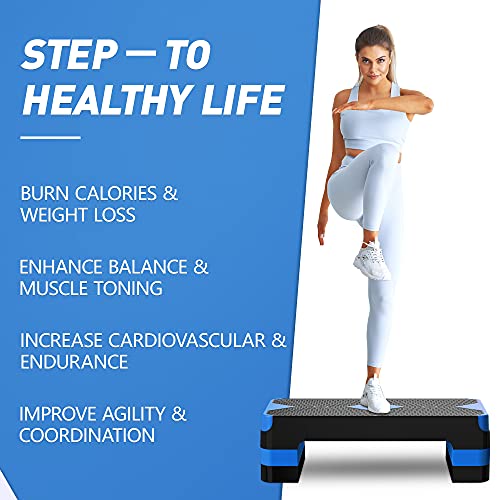 GYMMAGE Aerobic Exercise Step, Adjustable Height, | Aerobic Workout Step Platform for Exercise, 26.5" Step Deck with Adjustable Height, Women Home Gym Cardio Fitness - color: Blue