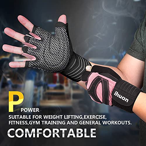 ihuan Ventilated Weight Lifting Gym Workout Gloves with Wrist Wrap Support for Men & Women, Full Palm Protection, for Weightlifting, Training, Fitness, Hanging, Pull ups - color: Pink, size: Large