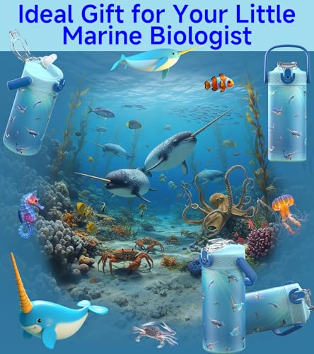 MYFOREST 14oz/400ml Insulated Kids Water Bottle, Odor-free Liner, 3D Touch | No Plastic Taste, Surgical Steel - No Chemical Leaching, Name Spot, Soft Sipper, Gift for Thalassophile, Ocean. Narwhals - color: Ocean. Narwhals