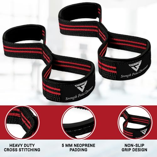 Weight Lifting Straps Figure 8, Anti Slip Strap with cuffs wrist Support for Gym Workout Deadlift Powerlifting Bodybuilding Weightlifting, Fitness Strength Training, Hand Bar Grip for Men - color: Red & Black