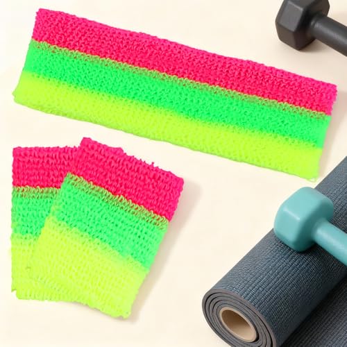 KICOSY Neon Headband & Wristbands Set, Vibrant Pink-Green-Yellow Accessory for Glow Party, 80s/90s Retro Style, Festival Outfits, Gym Workouts & Daily Fashion - color: Neon