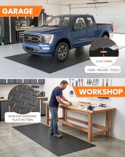 SEAL 5 x 8 FT Premium Garage Floor Mat, Solid 2.8mm Thick Lay-Flat Black Commercial Grade Heavy Duty Parking Mat for Golf Cart, Workbench, ATV, Water/Stain Resistant Runner (Embossed Diamond Plate) - size: 96"L x 60"W x 0.1"Th