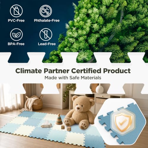 AIRHOP 18 PCS Gym Floor Mat, EVA Foam Puzzle Gym Mat, High-Density Interlocking Foam Floor Tiles for Home Gym, Play Workout Garage Kitchen Flooring 12.6"x12.6"x0.4" - color: Ivory + Navy + Sky Blue Mix Set, size: 18 Tiles | 18 Sq Ft
