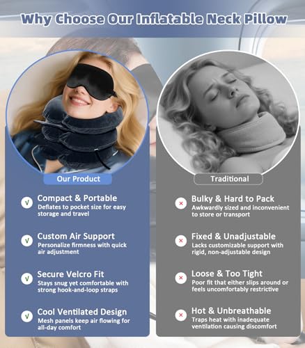 Adjustable Inflatable Cervical Traction Device, Soft Neck Stretcher Support Pillow with Sleep Eye Mask