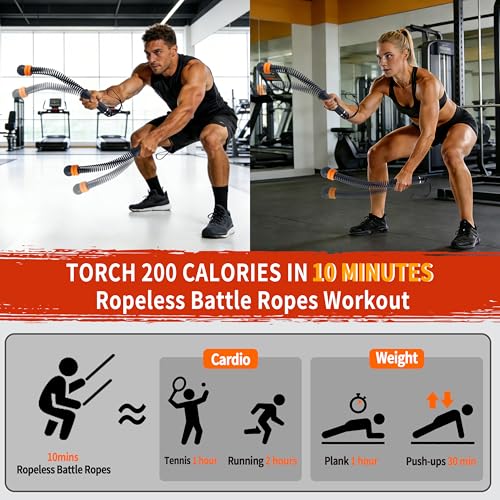 Portable Adjustable Ropeless Battle Ropes with Black | Weighted Cordless Workout Rope with Anti-slip Handles for Low-impact Cardio, HIIT, Home Gym and Office Fitness - color: Black