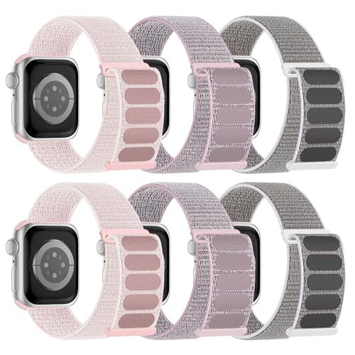 6 Pack Sport Nylon Loop Band Compatible with Apple Watch Band 38mm 40mm 41mm 42mm 44mm 45mm 46mm 49mm for Women Men, Adjustable Breathable Braided Straps for iWatch Series 11/10/9/8/7/6/5/4/3/SE/Ultra - color: Pink Sand/Pink Sand/Pearl Pink/Pearl Pink/Sea