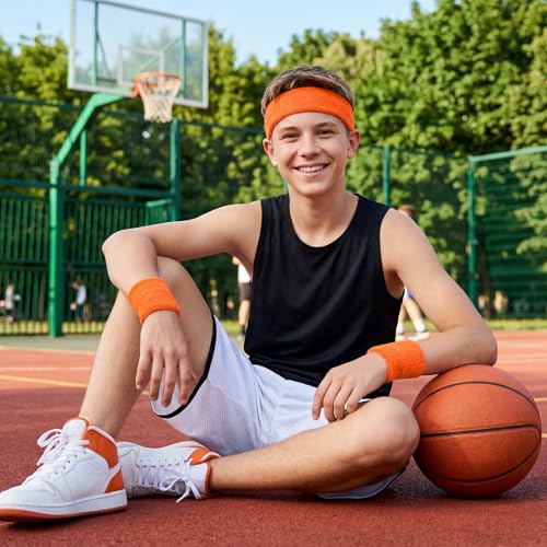 Sucrain 3 Pieces Sweatbands Set, 1 Pieces Sports Headband and 2 Pieces Wristbands,Wicking Sweat Head Band for Youth Womens Men - color: Orange