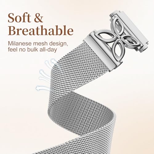 Getino Magnetic Metal Band Compatible with Galaxy Watch 7 Band 6 5 4 FE Active 2 40mm 44mm/Galaxy Watch 5 pro 45mm/Classic, 20mm Floral Dressy Strap for Samsung Watch Bands Women Milanese Mesh Loop - color: Silver