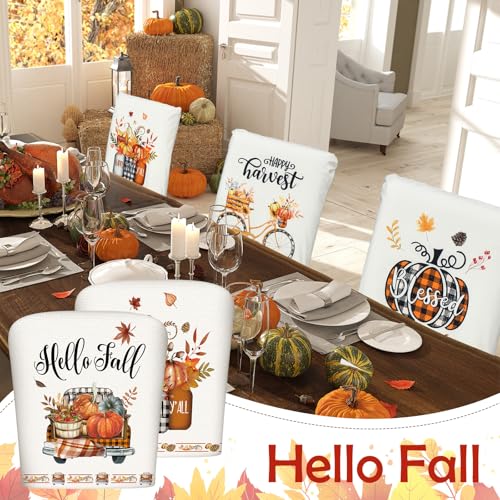 Moukeren Fall Chair Back Cover Set of 6 Thanksgiving Pumpkin Slipcovers Stretch Dining Chair Back Covers Farmhouse Removable Elastic Seat Protector for Home Thanksgiving Harvest Party Kitchen Decor - style: Pumpkin