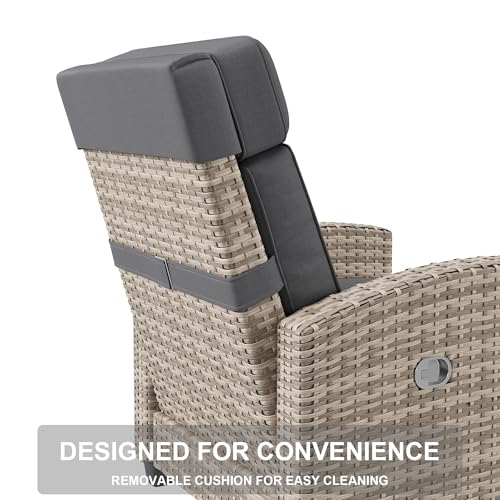 GarveeLife Outdoor Recliner Chair, PE Wicker Lounge Chair with Adjustable 145° Lay-Flat Backrest, Independent Footrest & Side Table, Plush Cushion for Patio, Poolside, Backyard in Brown - color: Brown Rattan + Khaki Cushion