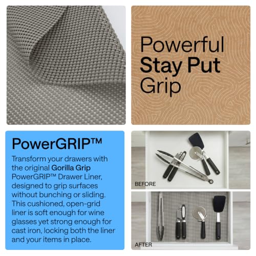GORILLA GRIP powerGRIP Drawer Shelf and Cabinet Liner, Thick Strong Hold, Non-Adhesive Liners Protect Kitchen Cabinets and Cupboard, Bathroom Drawers, Easy Install, Breathable Mat, 12" x10', Gray - color: Gray, size: 12" X 10', style: 12" x 10'