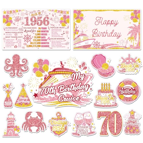 Wxiben Cruise Door Decorations Magnetic - 16 Pcs Rose Gold 70th Birthday Cruise Door Magnets with 3 Pens Back in 1956 Carnival Cruise Ship Door Decoration Stickers Decals for Party Cabin Fridge Decor - style: Rose Gold 70th Birthday
