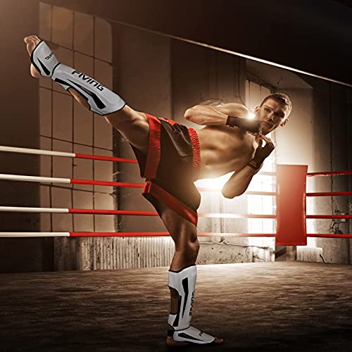 MMA Martial Arts Shin Guards – Padded, Adjustable Muay Thai Leg Guards with Instep Protection for Kickboxing/MMA Training and Sparring – Professional MMA Equipment - color: White, size: Large