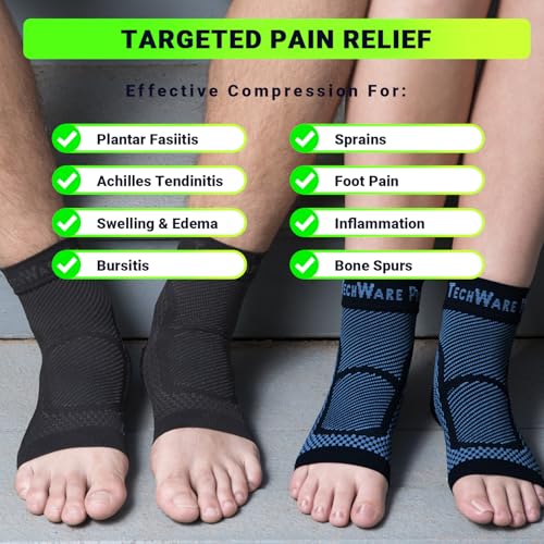 TechWare Pro Ankle Brace Compression Sleeve - Plantar Fasciitis Sock. Relieves Achilles Tendonitis. Foot Arch Support Reduces Joint Pain, Swelling & Heel Spur Pain. Injury Recovery Braces for Sports - color: Black / Blue, size: S / M (see size chart)