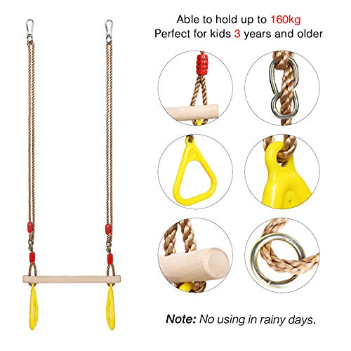 PELLOR Playground Children's Wooden Trapeze Swing Bar with Plastic Gym Rings Swing Set for Indoor & Outdoor Fun - color: Yellow