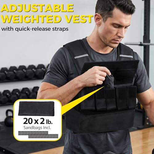 F2C Adjustable Weighted Vest 30lb / 40lb / 60lb, Removable Sandbag Weight Vest for Men Women, Running Walking Rucking, Strength & Fitness Training Vest with Reflective Strips - size: 40 lbs