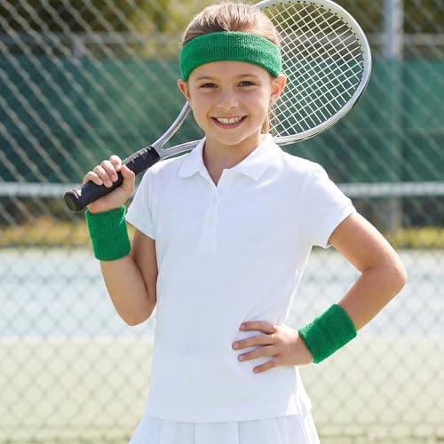 Sucrain 3 Pieces Sweatbands Set, 1 Pieces Sports Headband and 2 Pieces Wristbands,Wicking Sweat Head Band for Youth Womens Men - color: Green