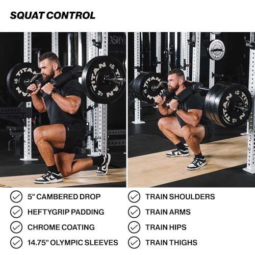 Titan Fitness Rackable Safety Squat Bar, Cambered Safety Squat Barbell with 5" Drop, Olympic Weight Sleeves Rated 1,500 LB, HeftyGrip Shoulder/Arm Pads, 35mm Easy-Grip Handles