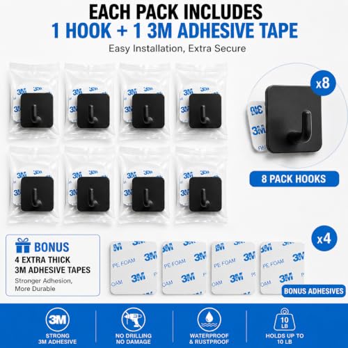 Stainless Steel Adhesive Wall Hooks for Hanging, Heavy Duty Waterproof Stick On for Bathroom Kitchen Shower, Self Adhesive for Towels, Keys, Hats, Robes - 8 Pack (Black) - color: 02-black