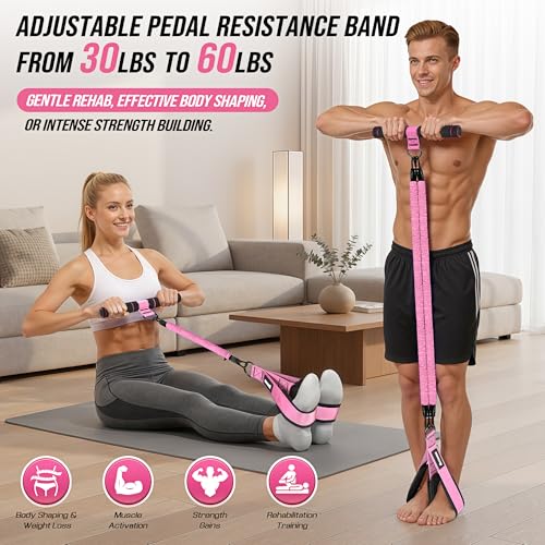 Upgrade Pedal Resistance Band with Handle, Adjustable Tube Foot Pedal Device Puller Exercise Bands, for Abs Arm Leg Waist Workout, Core Pilates, Sit Up Fitness Equipment for Full Body Training - color: Pink