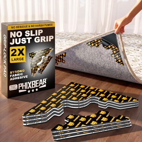 PHIXBEAR Extra Wide Rug Tape, Strong Hold Anti-Slip Rug Grips Pads Grippers, Dual-Layer Design, Holds Carpet in Place on Hardwood Floors and Tiles, Washable & Reusable & No Residue, Black 12 Pcs - size: 【2X Large】 7.8"L x 5.6"W 12PCS