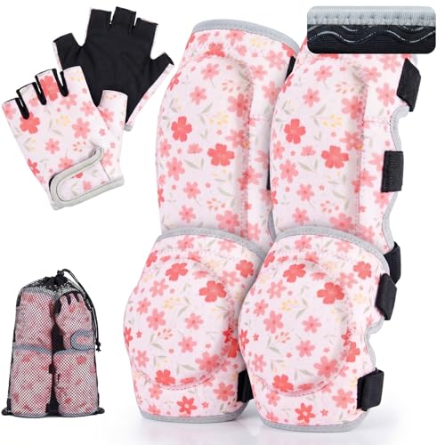 Soft Toddler Knee Pads and Elbow Pads Set with Bike Gloves | Non-Slip Toddler Knee Pads for Boys Girls 2-4 Years, Breathable Kids Protective Gear for Balance Bike, Scooter, Bicycle - color: Pink Flowers