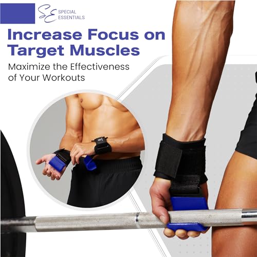 Special Essentials Weight Lifting Hooks - 1 Pair of Premium Steel Hooks with Padded Wrist Straps for Enhanced Grip, Support, and Comfort During Heavyweight Lifting and Pull-ups - Ideal for Powerlifting, Deadlifts, and Rows - color: Blue
