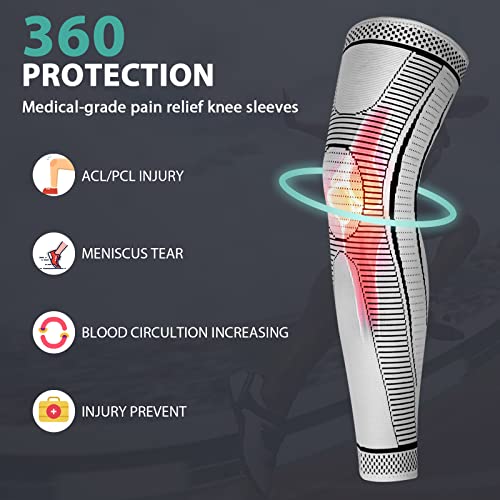 2 Pack Full Leg Compression Sleeves, Long Knee Brace Support for ACL,PCL, Meniscus Tear, Arthritis, Tendinitis,Men And Women (Gray, Large) - color: Gray, size: Large