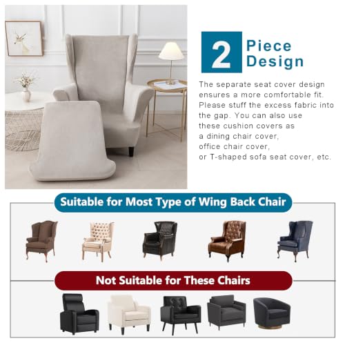 NILUOH Thick Velvet Wingback Chair Slipcovers 2-Piece, Stretch Wing Chair Covers Soft Sofa Slipcover Wing Back Armchair Cover Furniture Protector for Living Room - color: Oatmeal Color