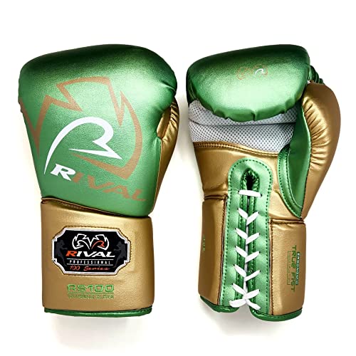 RIVAL Boxing RS100 Professional Lace-Up Sparring Gloves, Handcrafted with Super-Rich Microfiber PU, Ergonomically Designed to Perfectly Fit Your Hand - color: Green/Gold, size: 18 oz.