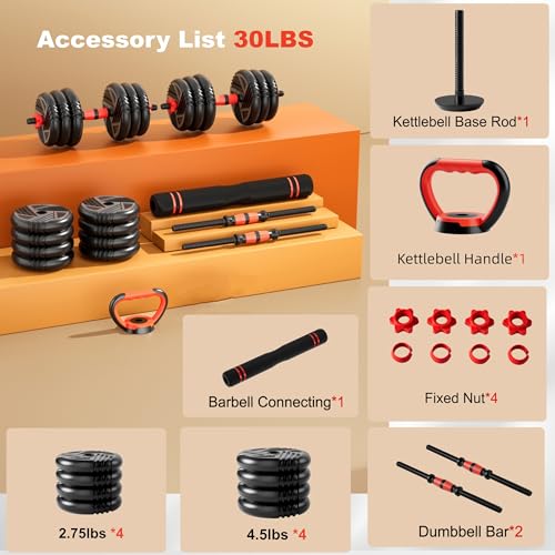 Adjustable Dumbbell Set, 20/30/45/70/90lbs, 5 in 1 Multi-Function Dumbbells | Converts to Barbell Kettlebell&Push up Stand, Free Weight Set for Home Gym Workout, Suitable for Men/Women Strength Training - size: 30LB(15LB Pair)