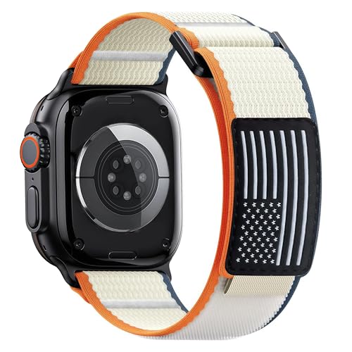 Trail Loop Nylon Band for Apple Watch Ultra 3/2/1 Series 11/10/9/8/7/6/SE/5/4/3/2/1 Men, Elastic Weave Stars-Stripes Flag Strap Compatible with iWatch 49mm 46mm 45mm 44mm 42mm - color: White orange-USA Flag