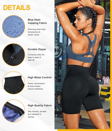 TrainingGirl Compression Sweat Shorts for Women Workout Sauna Suit Gym Sets High Waist Trainer Thigh Fat Slimmer Yoga Pants - color: Black Blue-inner Zipper, size: Medium