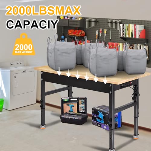 48" Adjustable Work Bench, Rubber Wood Top Workbench | Heavy-Duty Work Table with Power Outlet, 2000 LBS Load Capacity Hardwood Work Benches for garage, Workshop - size: with socket, 48