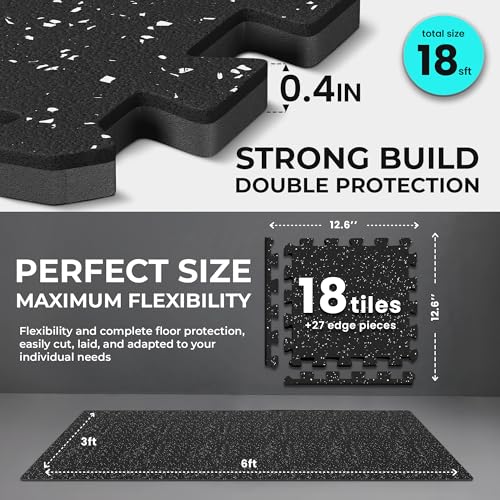 bemaxx Gym Mats Set - 18 pcs EVA Interlocking Foam Floor Tiles (12.6"x12.6"x0.4") 18sqft Protective Gym Flooring Sports Home Workout Exercise Mats Puzzle Garage Fitness Play-Room Pool Treadmill Bike - color: Rubber Top, size: 18 Tiles | 18 sq ft