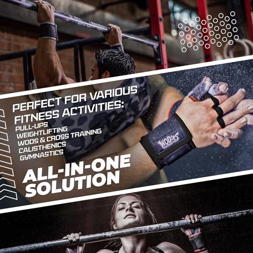 JerkFit WODies Gymnastics & Weightlifting Grips with Wrist Wraps – 3 Hole Versatile Gym Gloves for Pull Ups, Gym Training & Cross Training – Hand Grips Palm Protector for Men & Women - color: Grey Camo, size: Large 4”- 4.75”