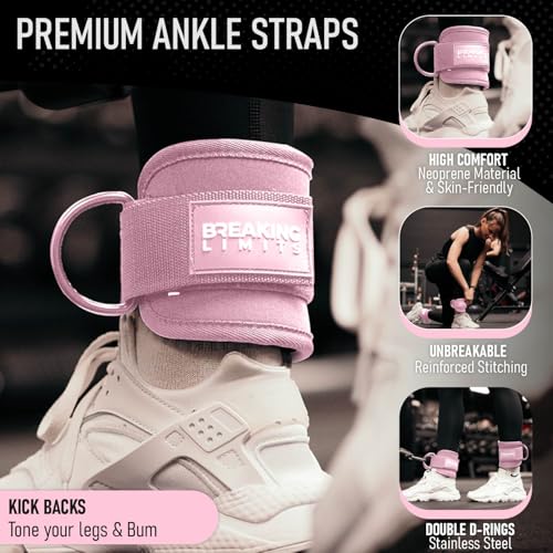 Breaking Limits Ankle Straps for Cable Machines Women - Cable Kick Back Set | Cable Kick Back Ankle Straps, Gym Cable Ankle Strap Attachment, Glute Leg Strap for Cable Machine, Neoprene, Double D-Rings - color: Pink - Single