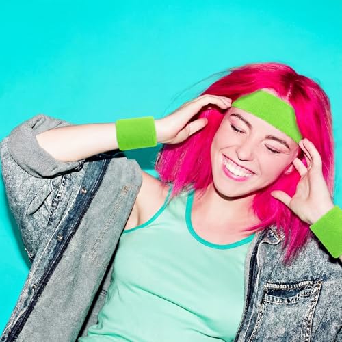 Bememo 6 Pcs Neon Sports Sweatbands Set Sports Competitions Sweatbands 2 Headband 4 Wristbands Breathable Terry Cloth Athletic Bands for Team Soccer Spirit 80s Costumes Cosplay - color: Neon Green