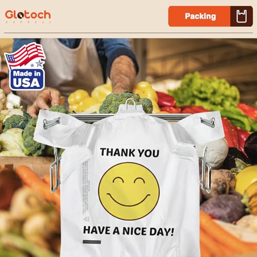 Glotoch 5000 (5K) Ct Plastic Thank You T-shirt Bags Smile Face, 11.5 x 6.5x 21" Have Nice Day Grocery Shopping Gift Bag with Handle for Restaurant, Retail, Takeout, Convenience Store, in Bulk Business - color: White Smile, size: 5000 Count