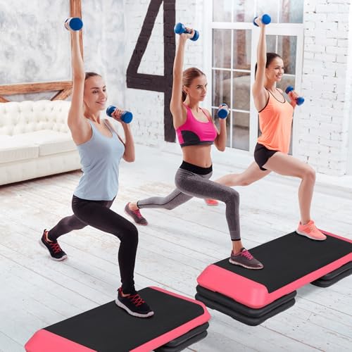 Adjustable Workout Aerobic Stepper, Exercise Step Platform Trainer with 4 Risers,Non-Slip Surface for Home Gym Workout Training - color: Pink