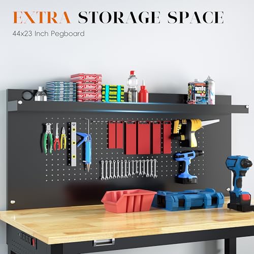 Betterhood 48" Heavy Duty Adjustable Workbench with Large Pegboard, Adjustable Work Table with Power Outlets & Lockable Wheels, Rubber Wood Workstation for Garage, Workshop, Office, Home, Commercial - size: Large Pegboard / Power Outlets / Drawer / 48"x24