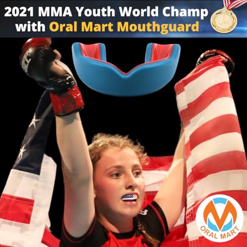 Oral Mart Youth Sports Mouth Guard for Kids (USA Flag, Fangs, 20+ Colors to Choose from) Mouthguard for Football, MMA, Karate, Boxing, Rugby, BJJ, Flag Football – /w Case (Youth, Strapless) - color: Aqua/Red