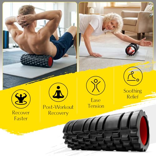 Foam Roller - 13'' Multi-Density Massage Roller for Deep Tissue & Muscle Recovery - Relieves Tight, Sore Muscles & Kinks, Improves Mobility & Circulation - Targets Key Body Parts (Black) - color: Black
